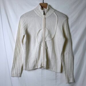 Jillian Jones Women Wool Blend Ribbed Swirl Zip Sweater Cream White Size PL